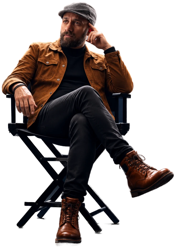 Shady Maged seated in a director’s chair under a single spotlight